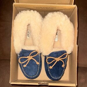 UGG Navy Suede Moccasins with Cream Lining